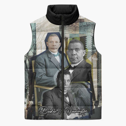 Booker T. Washington Sleeveless Puffer Jacket Historic Portrait Collage Civil Rights Legacy Educational Pioneer Design - African Pride