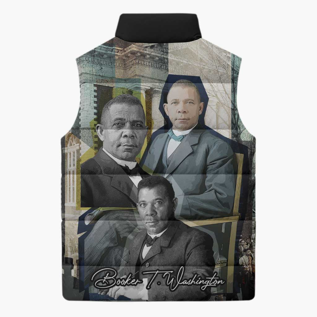 Booker T. Washington Sleeveless Puffer Jacket Historic Portrait Collage Civil Rights Legacy Educational Pioneer Design - African Pride