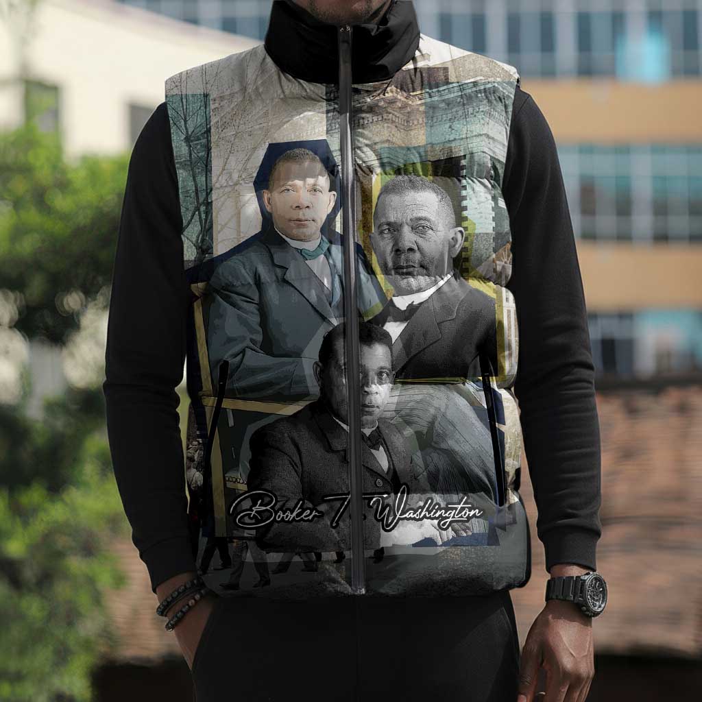 Booker T. Washington Sleeveless Puffer Jacket Historic Portrait Collage Civil Rights Legacy Educational Pioneer Design - African Pride