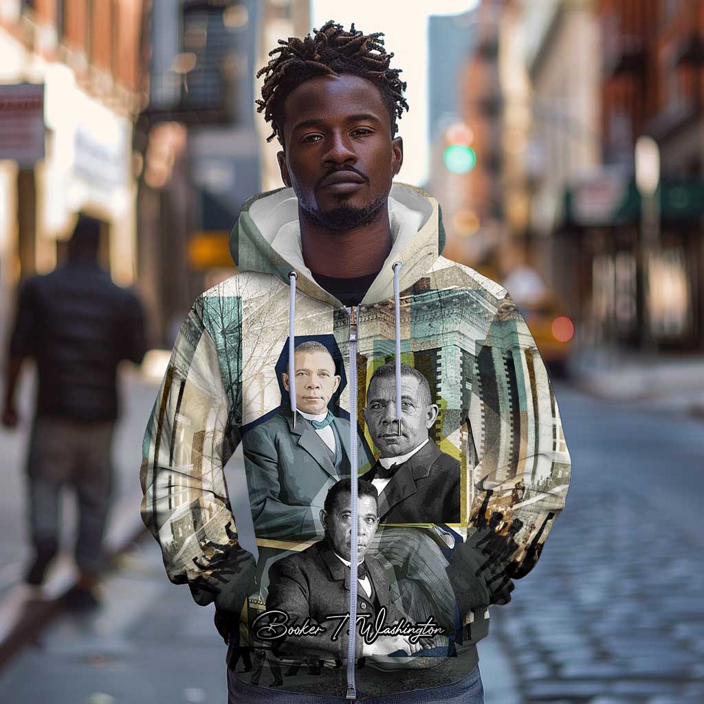 Booker T. Washington Zip Hoodie Historic Portrait Collage Civil Rights Legacy Educational Pioneer Design - African Pride