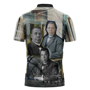 Booker T. Washington Zipper Polo Shirt Historic Portrait Collage Civil Rights Legacy Educational Pioneer Design - African Pride