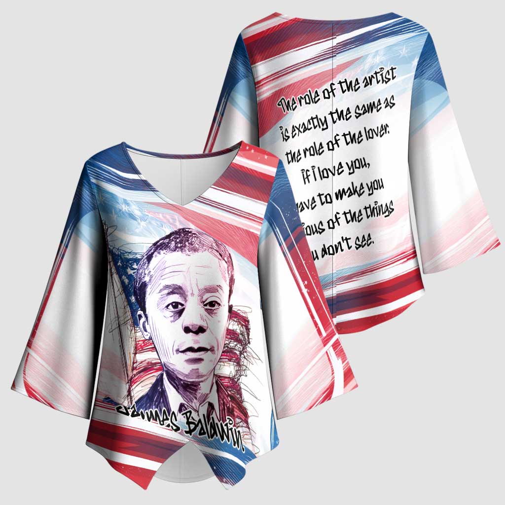 James Baldwin Kimono Sleeve Blouse Artistic Portrait Quote on Love and Awareness Civil Rights Tribute - African Pride