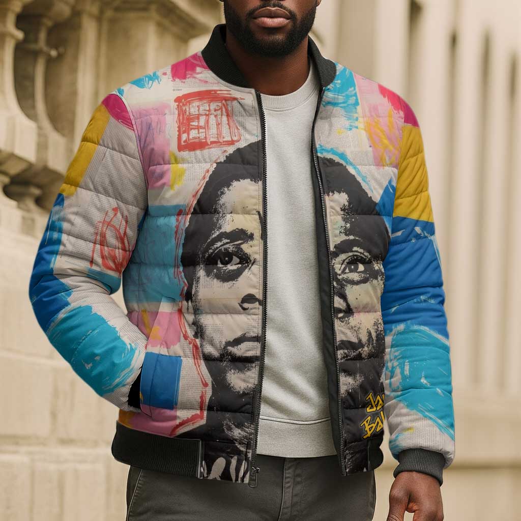 James Baldwin Bomber Puffer Jacket Colorful Graffiti Style Portrait The Fire Next Time Text Bold Civil Rights Tribute - African Pride