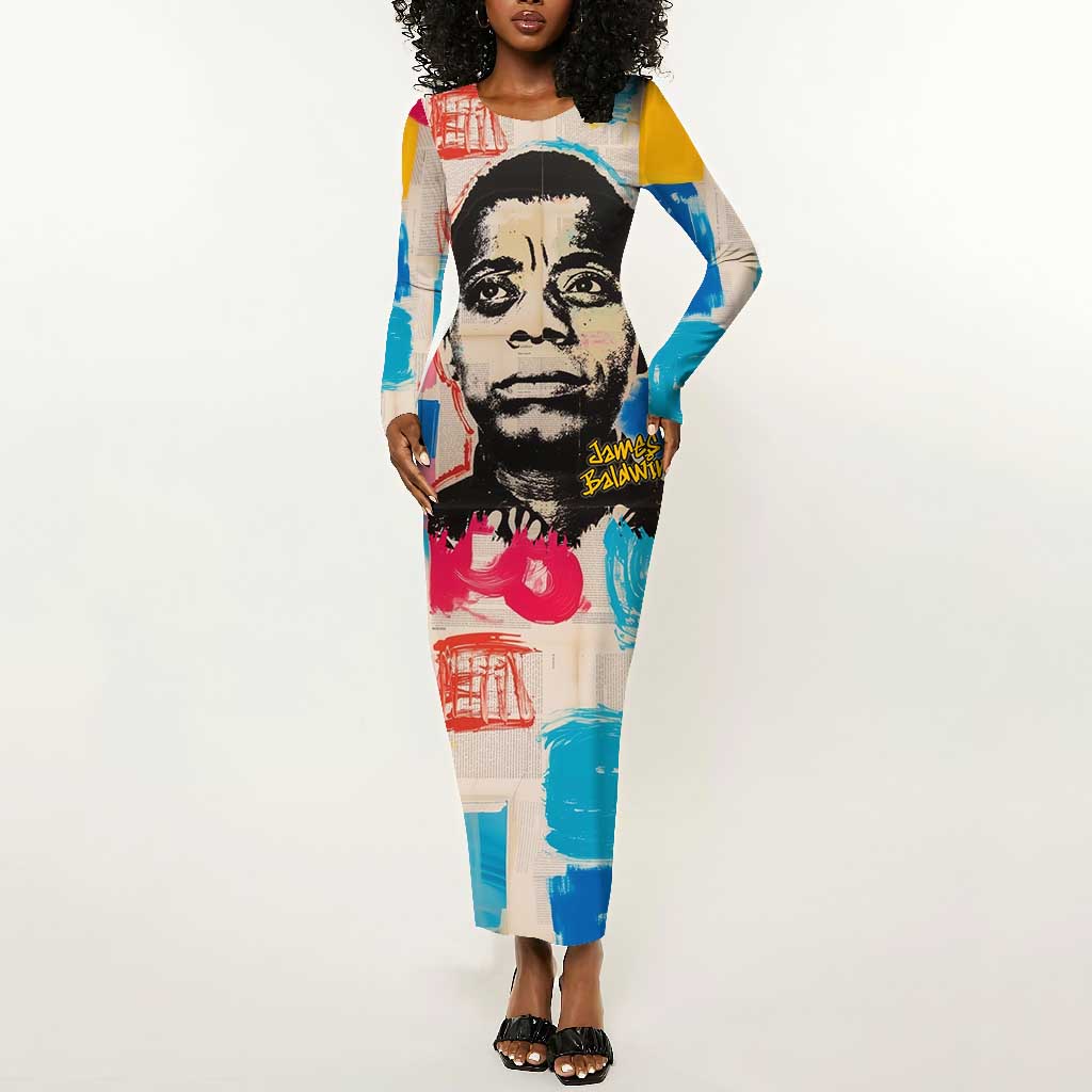 James Baldwin Long Sleeve Bodycon Dress Colorful Graffiti Style Portrait The Fire Next Time Text Bold Civil Rights Tribute - African Pride