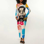 James Baldwin Long Sleeve Bodycon Dress Colorful Graffiti Style Portrait The Fire Next Time Text Bold Civil Rights Tribute - African Pride