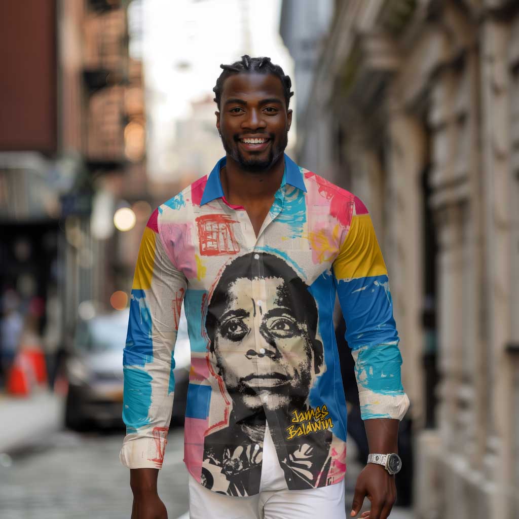 James Baldwin Long Sleeve Button Shirt Colorful Graffiti Style Portrait The Fire Next Time Text Bold Civil Rights Tribute - African Pride