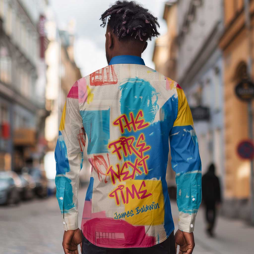 James Baldwin Long Sleeve Button Shirt Colorful Graffiti Style Portrait The Fire Next Time Text Bold Civil Rights Tribute - African Pride