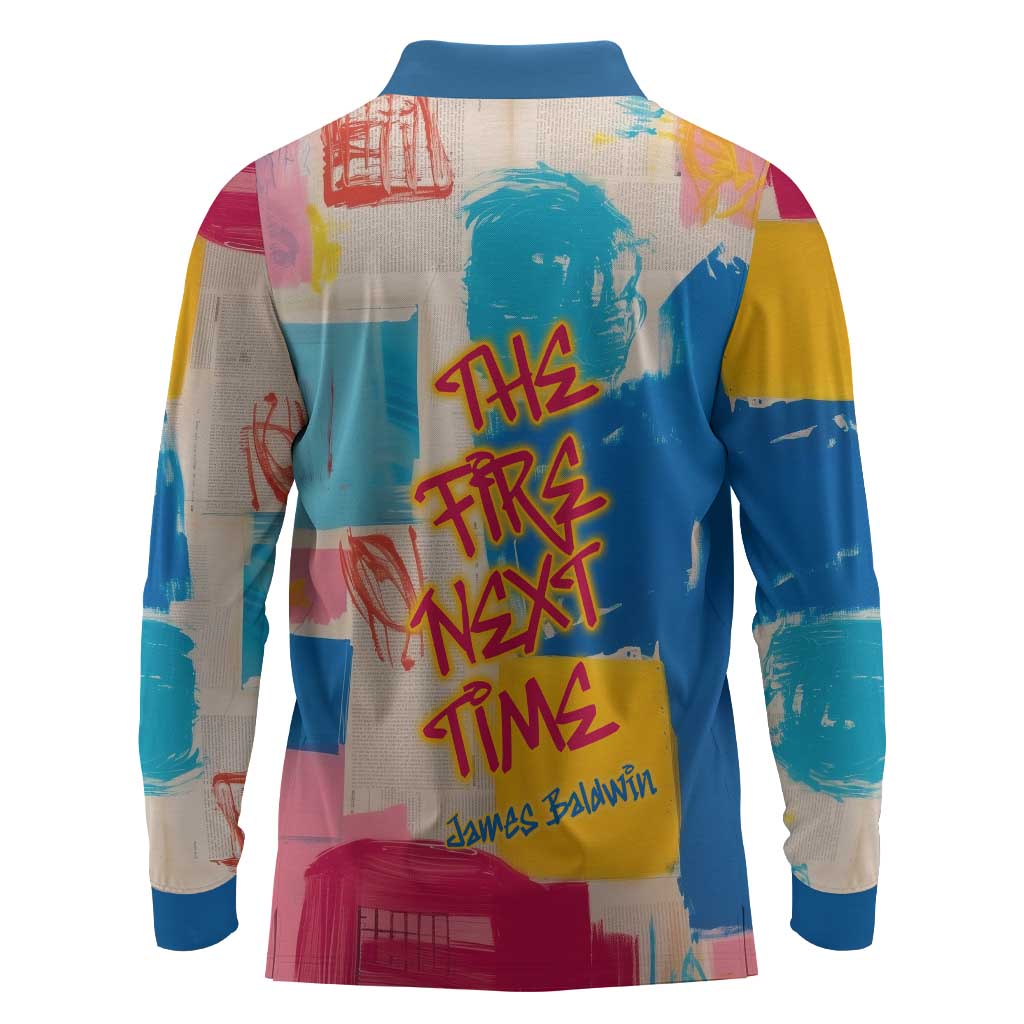 James Baldwin Long Sleeve Polo Shirt Colorful Graffiti Style Portrait The Fire Next Time Text Bold Civil Rights Tribute - African Pride