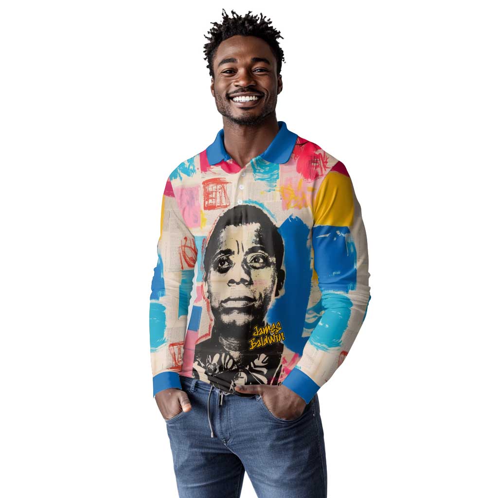 James Baldwin Long Sleeve Polo Shirt Colorful Graffiti Style Portrait The Fire Next Time Text Bold Civil Rights Tribute - African Pride