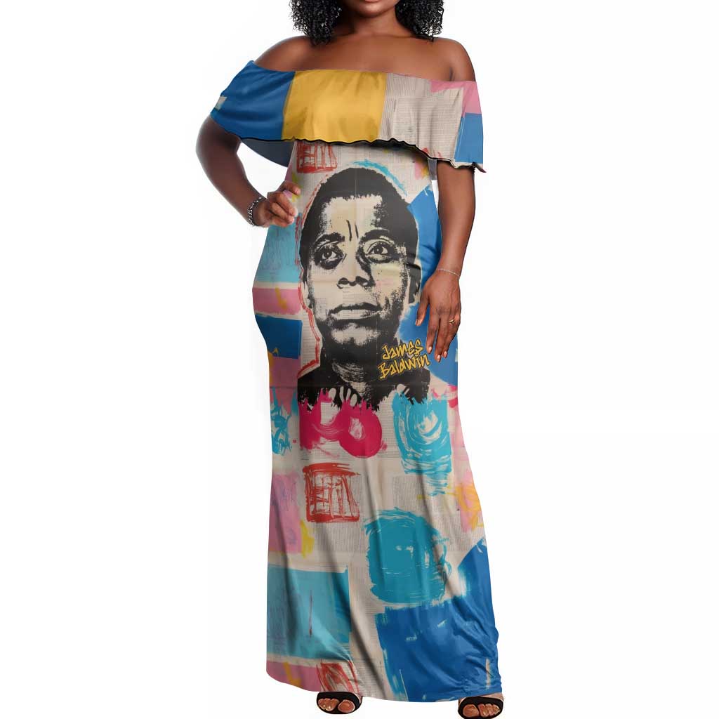 James Baldwin Off Shoulder Maxi Dress Colorful Graffiti Style Portrait The Fire Next Time Text Bold Civil Rights Tribute - African Pride