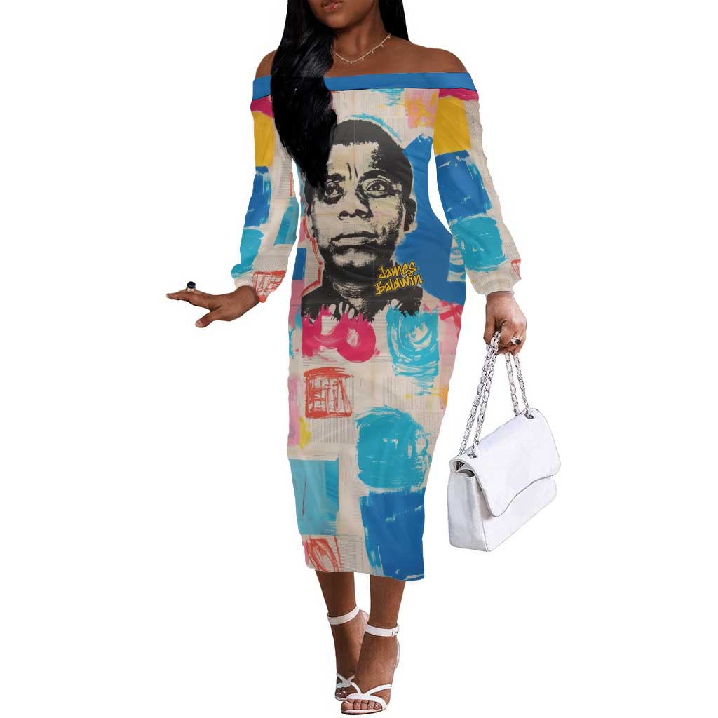 James Baldwin Off The Shoulder Long Sleeve Dress Colorful Graffiti Style Portrait The Fire Next Time Text Bold Civil Rights Tribute - African Pride