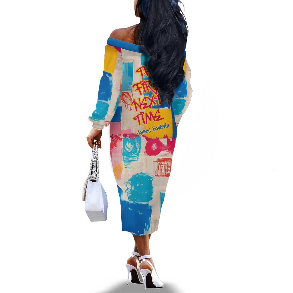 James Baldwin Off The Shoulder Long Sleeve Dress Colorful Graffiti Style Portrait The Fire Next Time Text Bold Civil Rights Tribute - African Pride
