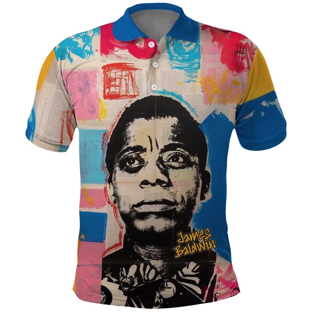 James Baldwin Polo Shirt Colorful Graffiti Style Portrait The Fire Next Time Text Bold Civil Rights Tribute TS04