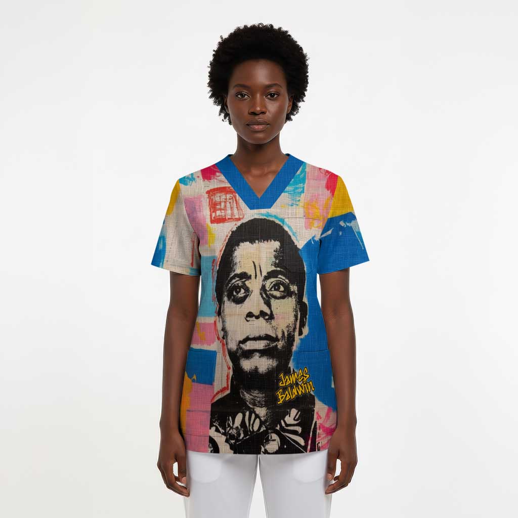 James Baldwin Scrub Top Colorful Graffiti Style Portrait The Fire Next Time Text Bold Civil Rights Tribute - African Pride
