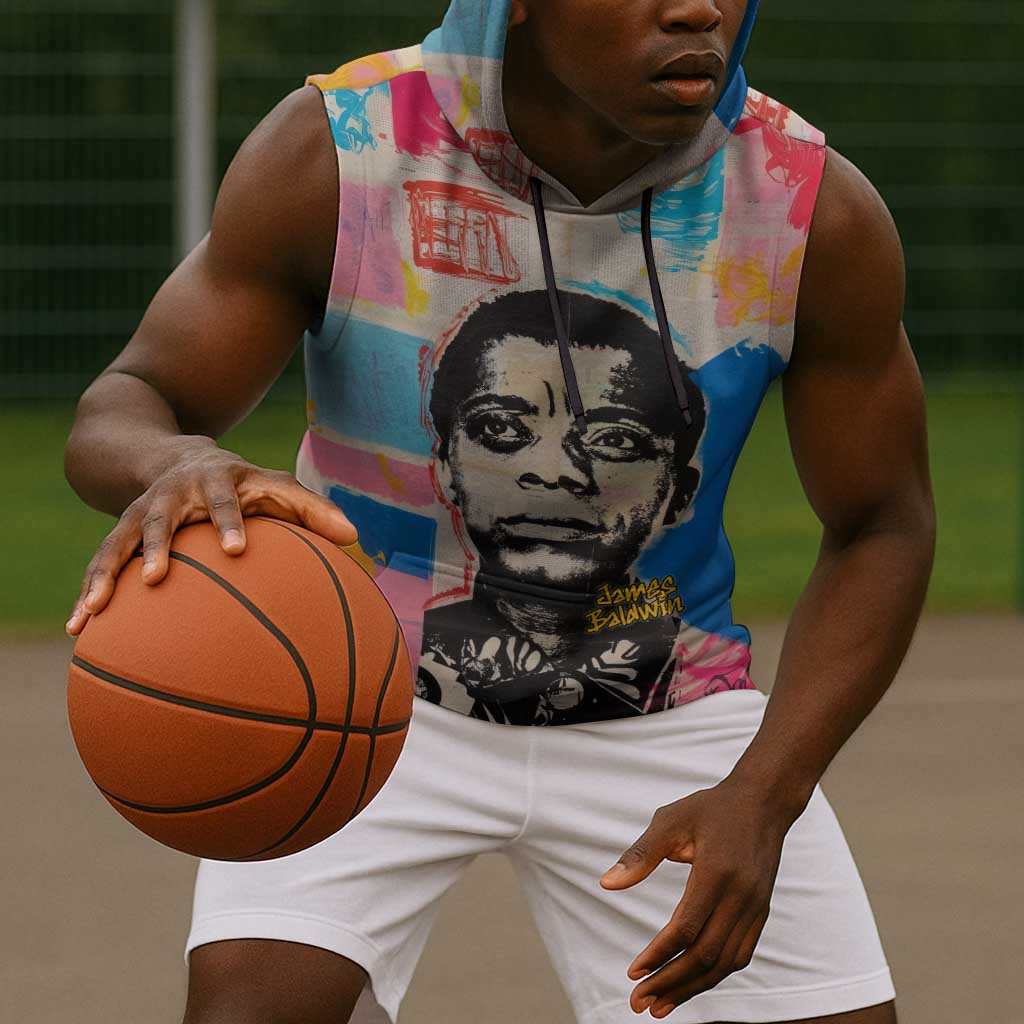 James Baldwin Sleeveless Hoodie Colorful Graffiti Style Portrait The Fire Next Time Text Bold Civil Rights Tribute - African Pride