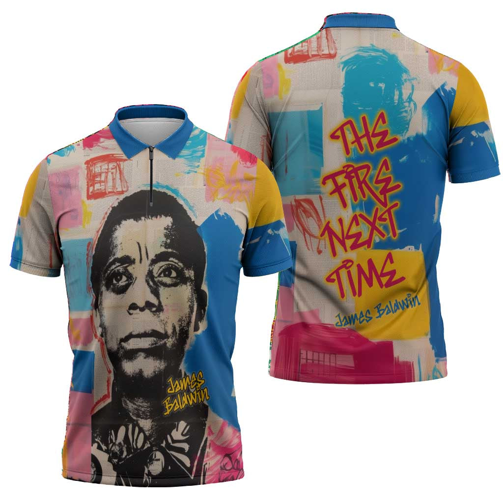 James Baldwin Zipper Polo Shirt Colorful Graffiti Style Portrait The Fire Next Time Text Bold Civil Rights Tribute - African Pride