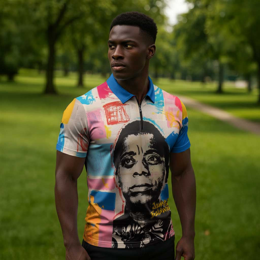 James Baldwin Zipper Polo Shirt Colorful Graffiti Style Portrait The Fire Next Time Text Bold Civil Rights Tribute - African Pride