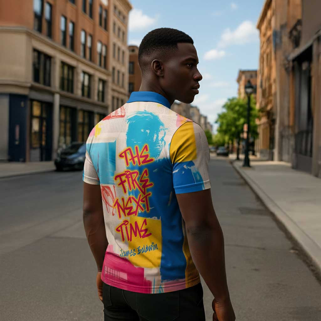 James Baldwin Zipper Polo Shirt Colorful Graffiti Style Portrait The Fire Next Time Text Bold Civil Rights Tribute - African Pride
