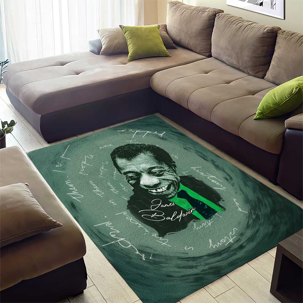 James Baldwin Area Rug Green Handwritten Script Design Smiling Portrait Civil Rights and Literature - African Pride