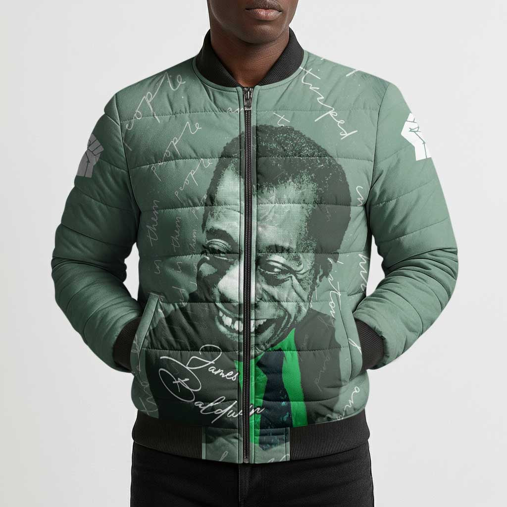 James Baldwin Bomber Puffer Jacket Green Handwritten Script Design Smiling Portrait Civil Rights and Literature - African Pride