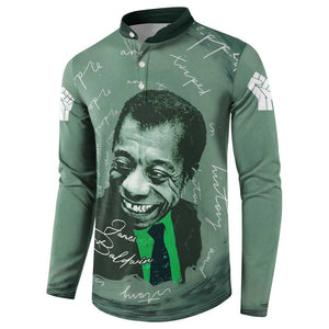 James Baldwin Button Sweatshirt Green Handwritten Script Design Smiling Portrait Civil Rights and Literature