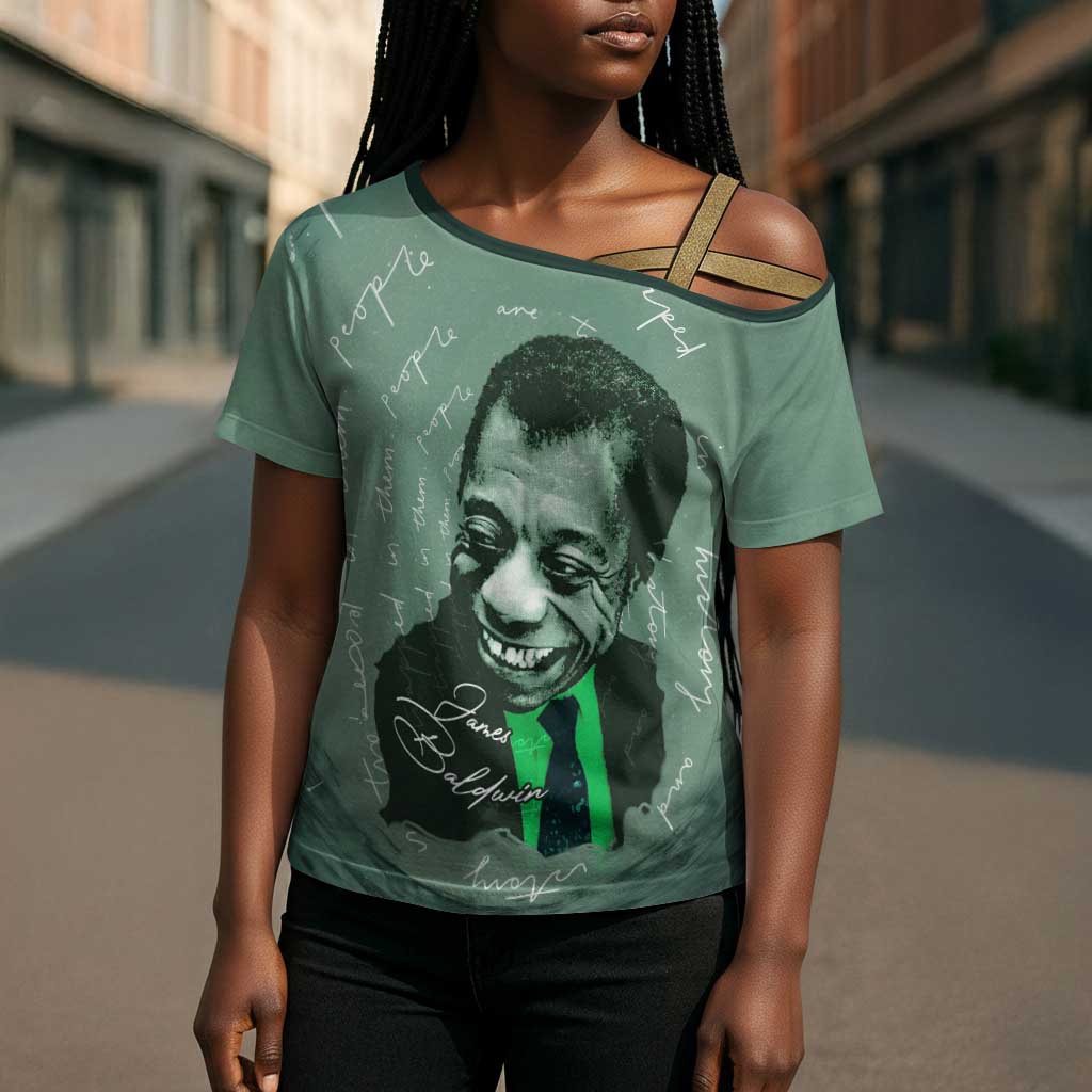 James Baldwin Cross Shoulder Shirt Green Handwritten Script Design Smiling Portrait Civil Rights and Literature - African Pride