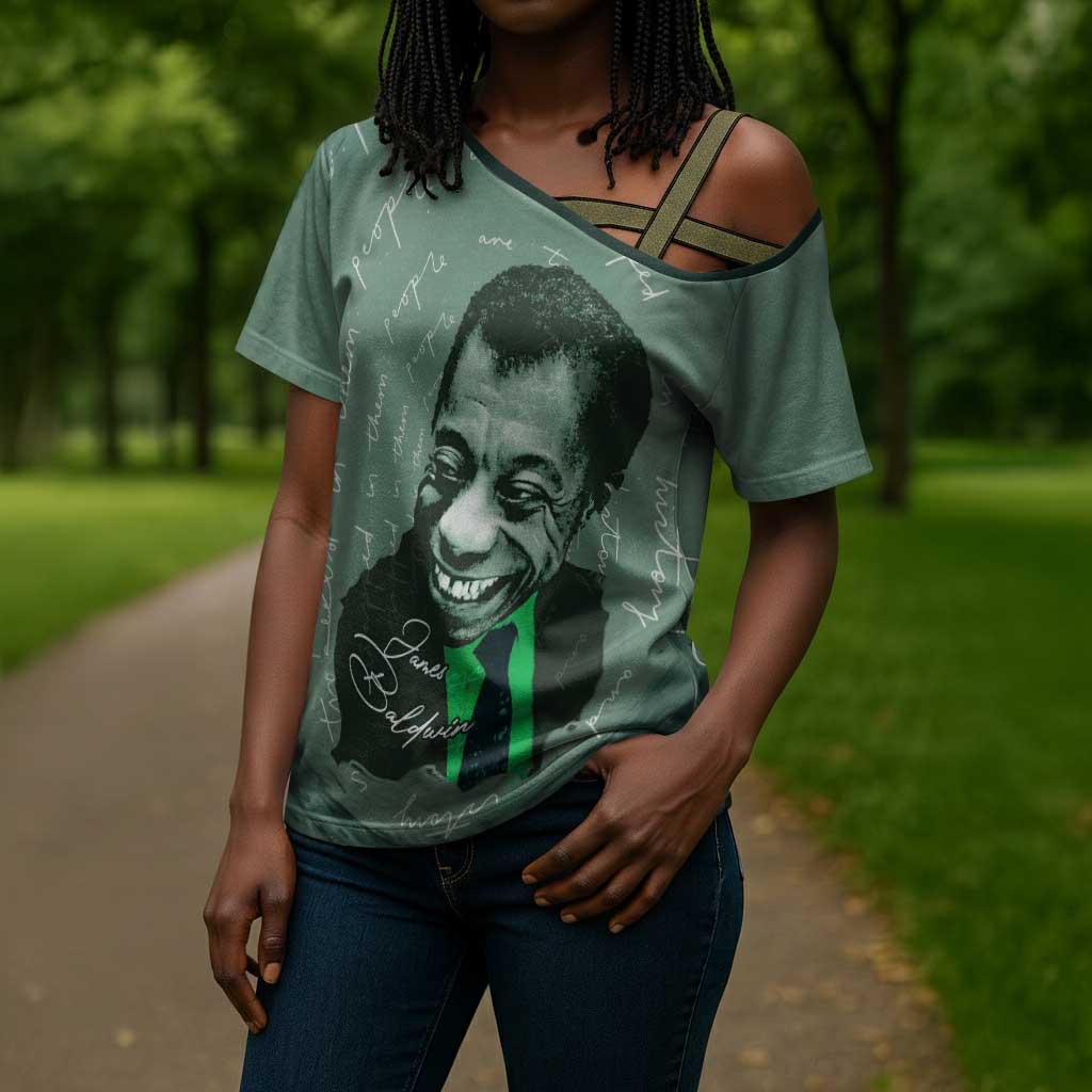 James Baldwin Cross Shoulder Shirt Green Handwritten Script Design Smiling Portrait Civil Rights and Literature - African Pride