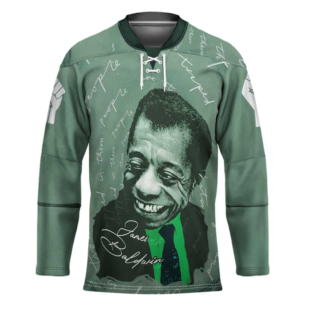 James Baldwin Hockey Jersey Green Handwritten Script Design Smiling Portrait Civil Rights and Literature - African Pride