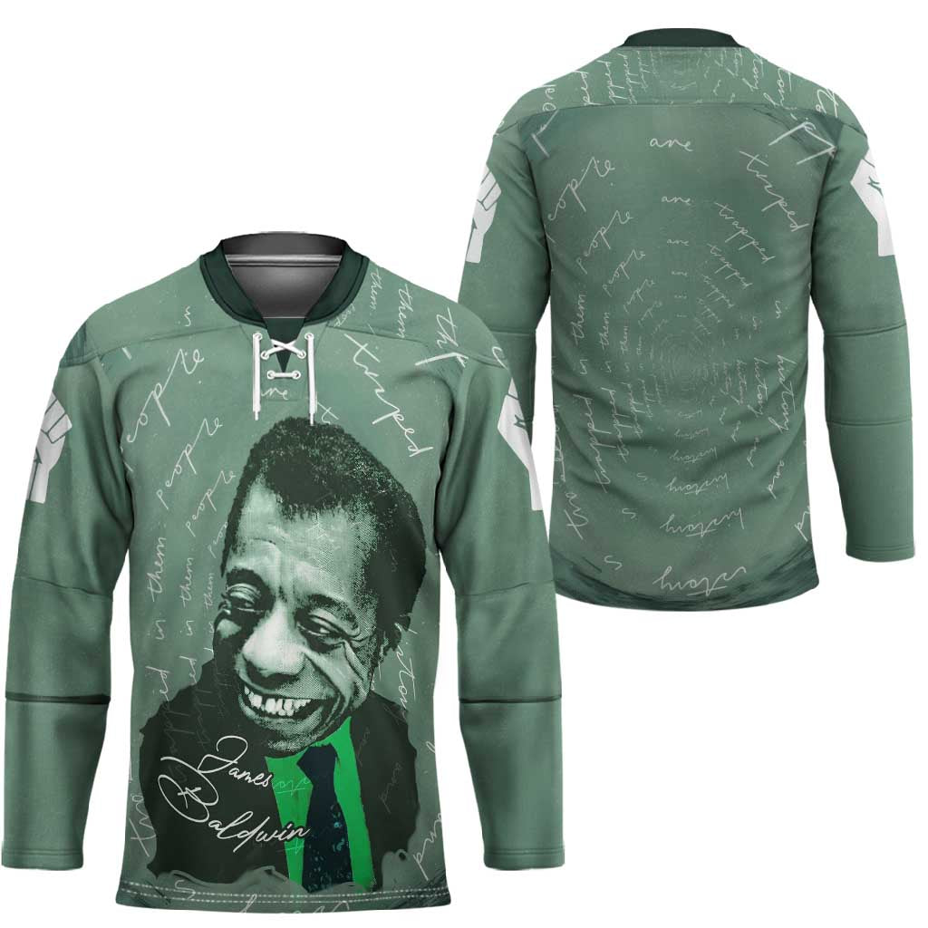 James Baldwin Hockey Jersey Green Handwritten Script Design Smiling Portrait Civil Rights and Literature - African Pride