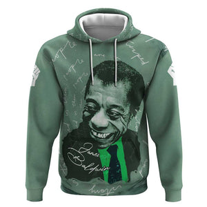 James Baldwin Hoodie Green Handwritten Script Design Smiling Portrait Civil Rights and Literature - African Pride