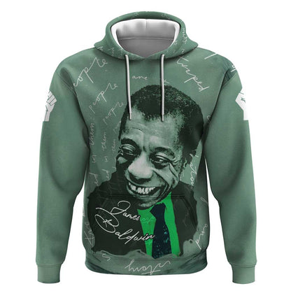 James Baldwin Hoodie Green Handwritten Script Design Smiling Portrait Civil Rights and Literature - African Pride