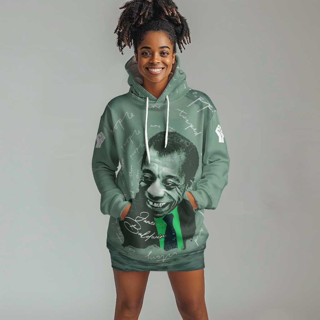 James Baldwin Hoodie Dress Green Handwritten Script Design Smiling Portrait Civil Rights and Literature - African Pride