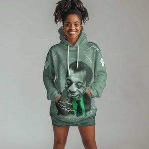 James Baldwin Hoodie Dress Green Handwritten Script Design Smiling Portrait Civil Rights and Literature - African Pride