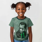 James Baldwin Kid T shirt Green Handwritten Script Design Smiling Portrait Civil Rights and Literature TS04