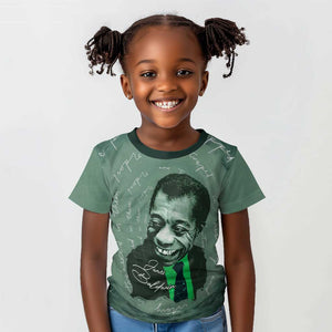 James Baldwin Kid T shirt Green Handwritten Script Design Smiling Portrait Civil Rights and Literature TS04