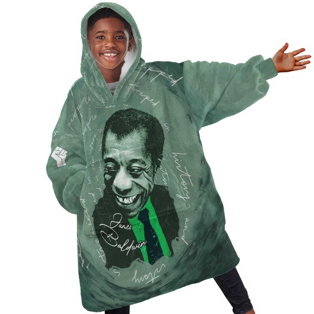 James Baldwin Kid Wearable Blanket Hoodie Green Handwritten Script Design Smiling Portrait Civil Rights and Literature - African Pride