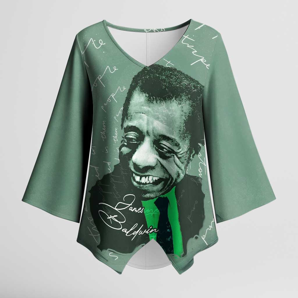 James Baldwin Kimono Sleeve Blouse Green Handwritten Script Design Smiling Portrait Civil Rights and Literature - African Pride