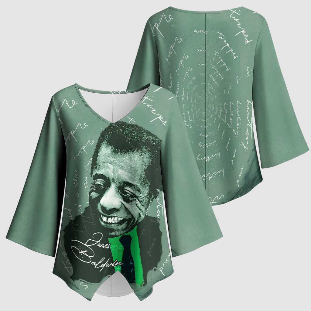 James Baldwin Kimono Sleeve Blouse Green Handwritten Script Design Smiling Portrait Civil Rights and Literature - African Pride