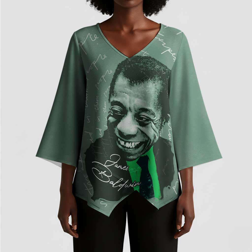 James Baldwin Kimono Sleeve Blouse Green Handwritten Script Design Smiling Portrait Civil Rights and Literature - African Pride