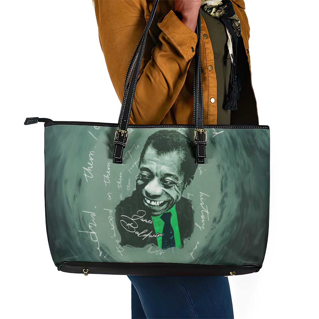 James Baldwin Leather Tote Bag Green Handwritten Script Design Smiling Portrait Civil Rights and Literature - African Pride