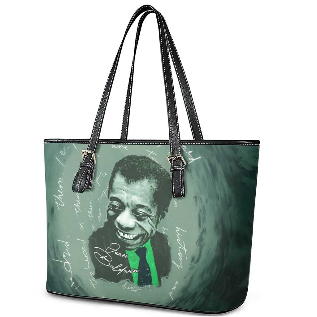 James Baldwin Leather Tote Bag Green Handwritten Script Design Smiling Portrait Civil Rights and Literature - African Pride