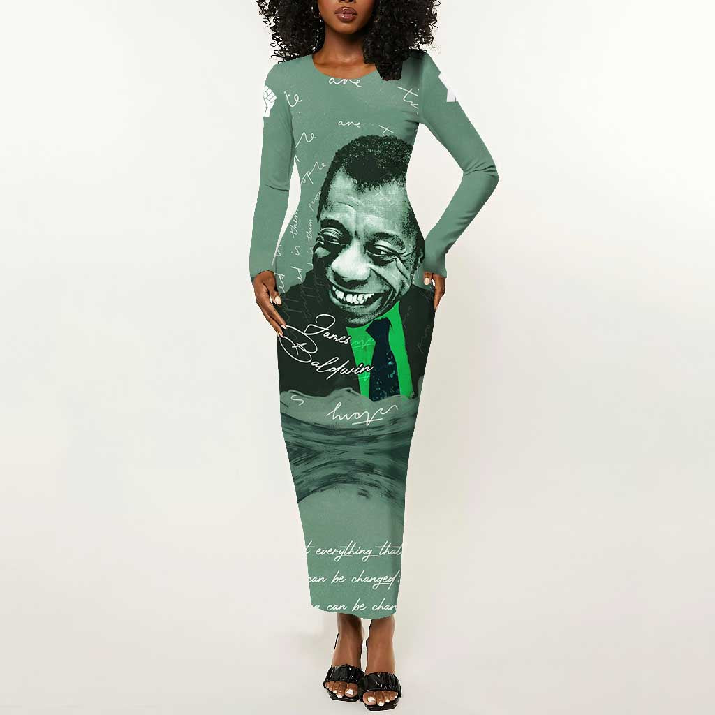 James Baldwin Long Sleeve Bodycon Dress Green Handwritten Script Design Smiling Portrait Civil Rights and Literature - African Pride