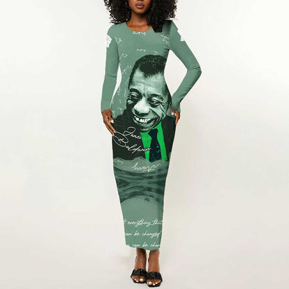 James Baldwin Long Sleeve Bodycon Dress Green Handwritten Script Design Smiling Portrait Civil Rights and Literature - African Pride