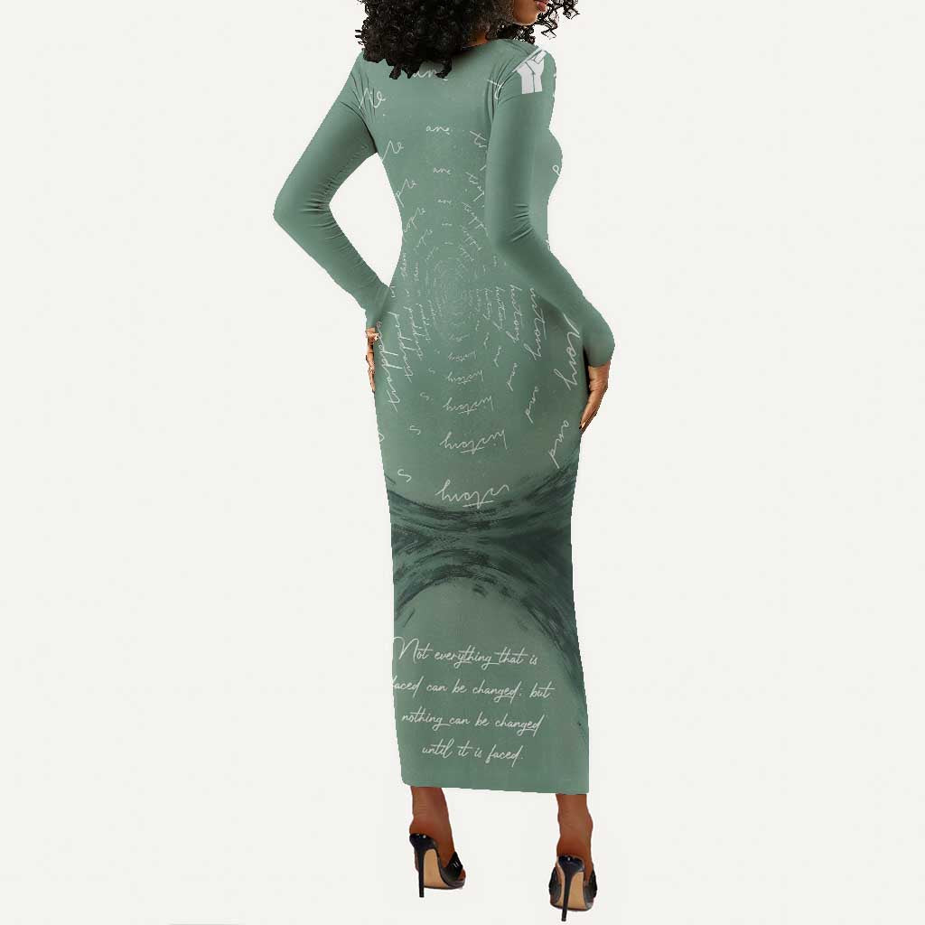 James Baldwin Long Sleeve Bodycon Dress Green Handwritten Script Design Smiling Portrait Civil Rights and Literature - African Pride