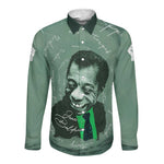 James Baldwin Long Sleeve Button Shirt Green Handwritten Script Design Smiling Portrait Civil Rights and Literature - African Pride