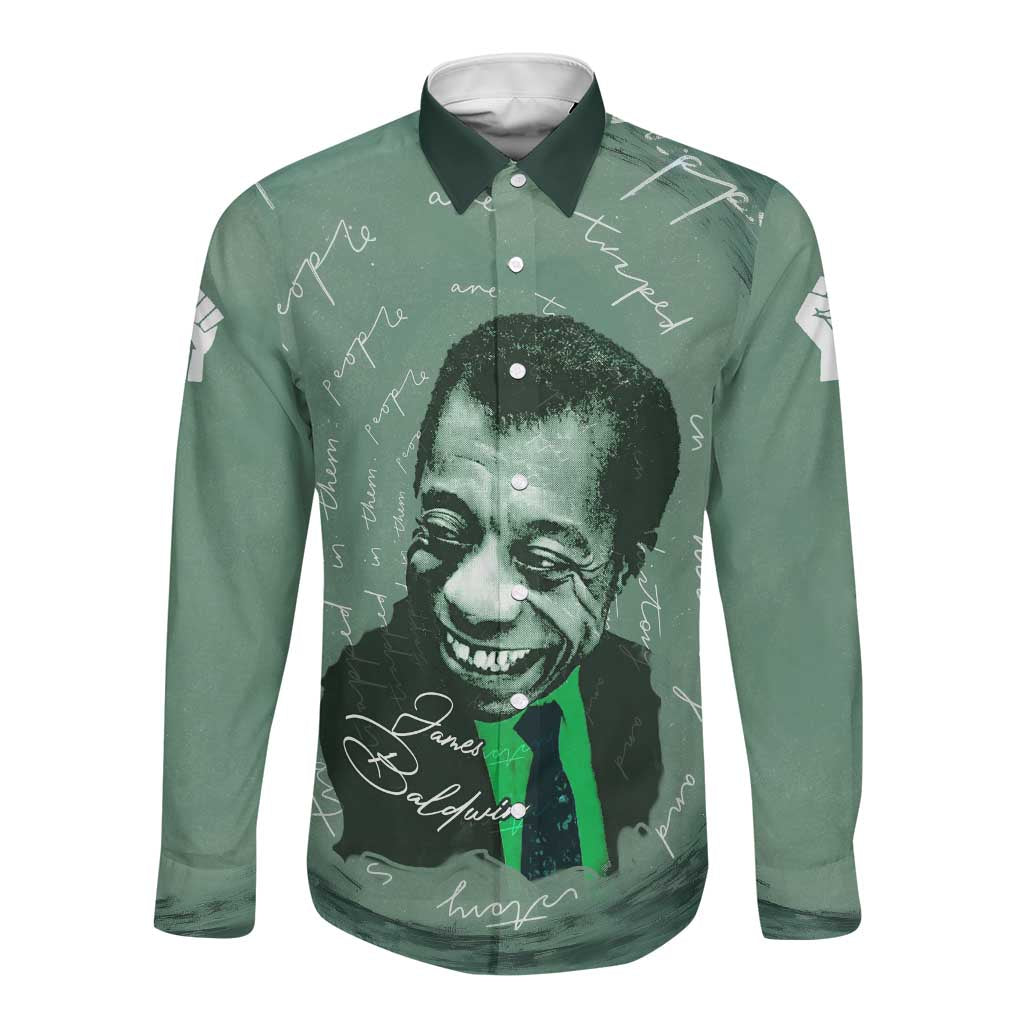 James Baldwin Long Sleeve Button Shirt Green Handwritten Script Design Smiling Portrait Civil Rights and Literature - African Pride