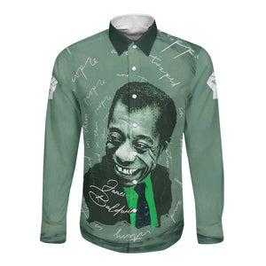 James Baldwin Long Sleeve Button Shirt Green Handwritten Script Design Smiling Portrait Civil Rights and Literature - African Pride