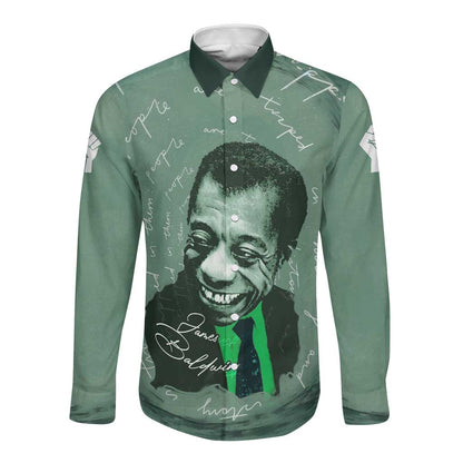 James Baldwin Long Sleeve Button Shirt Green Handwritten Script Design Smiling Portrait Civil Rights and Literature - African Pride