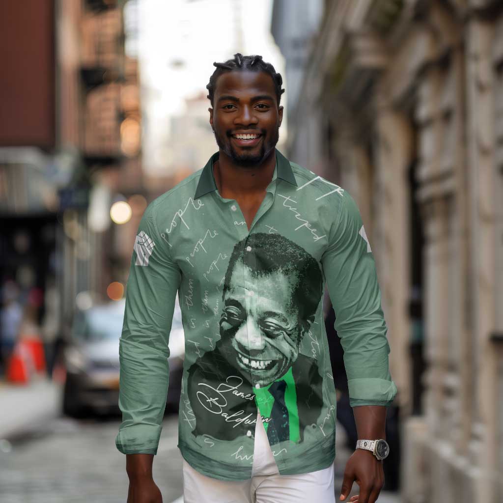 James Baldwin Long Sleeve Button Shirt Green Handwritten Script Design Smiling Portrait Civil Rights and Literature - African Pride
