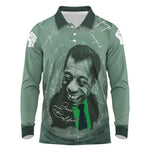 James Baldwin Long Sleeve Polo Shirt Green Handwritten Script Design Smiling Portrait Civil Rights and Literature - African Pride